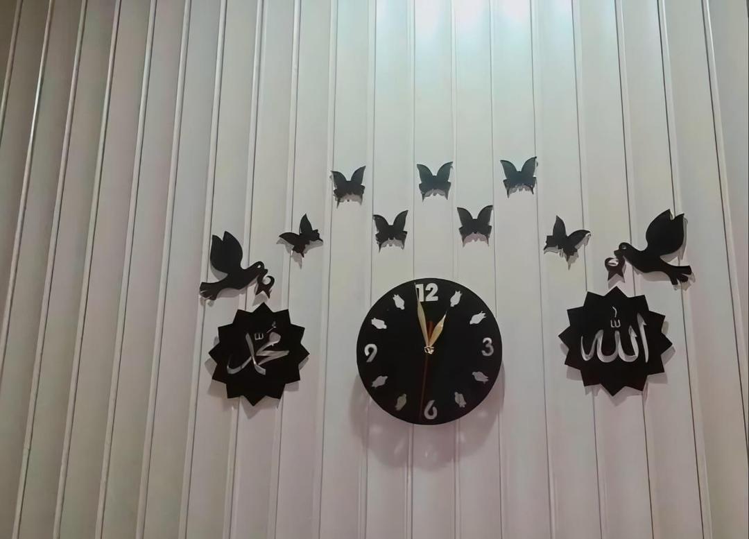 3D Islamic Wooden Wall Clock with Calligraphy & Butterflies