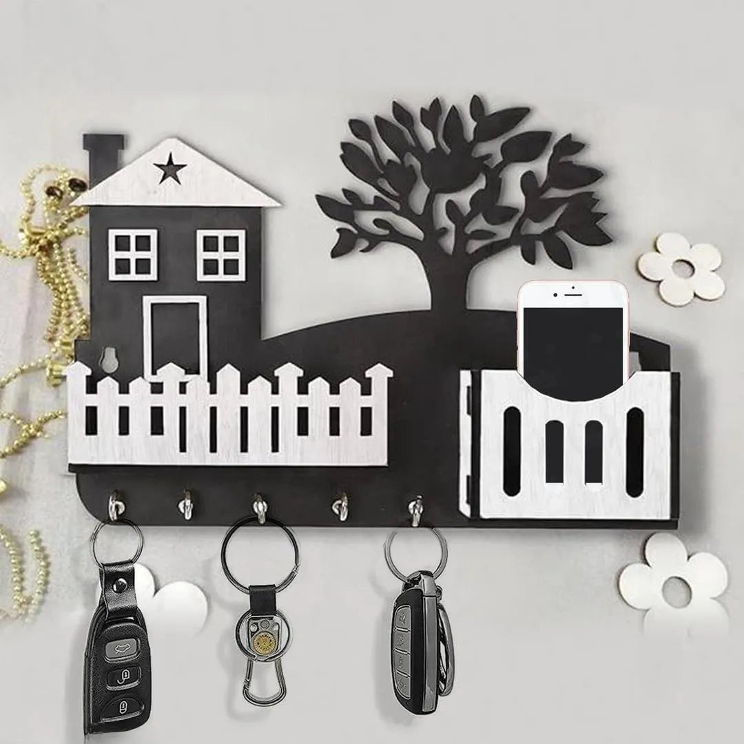 Modern Black Wooden Key Holder with Phone & Remote Stand
