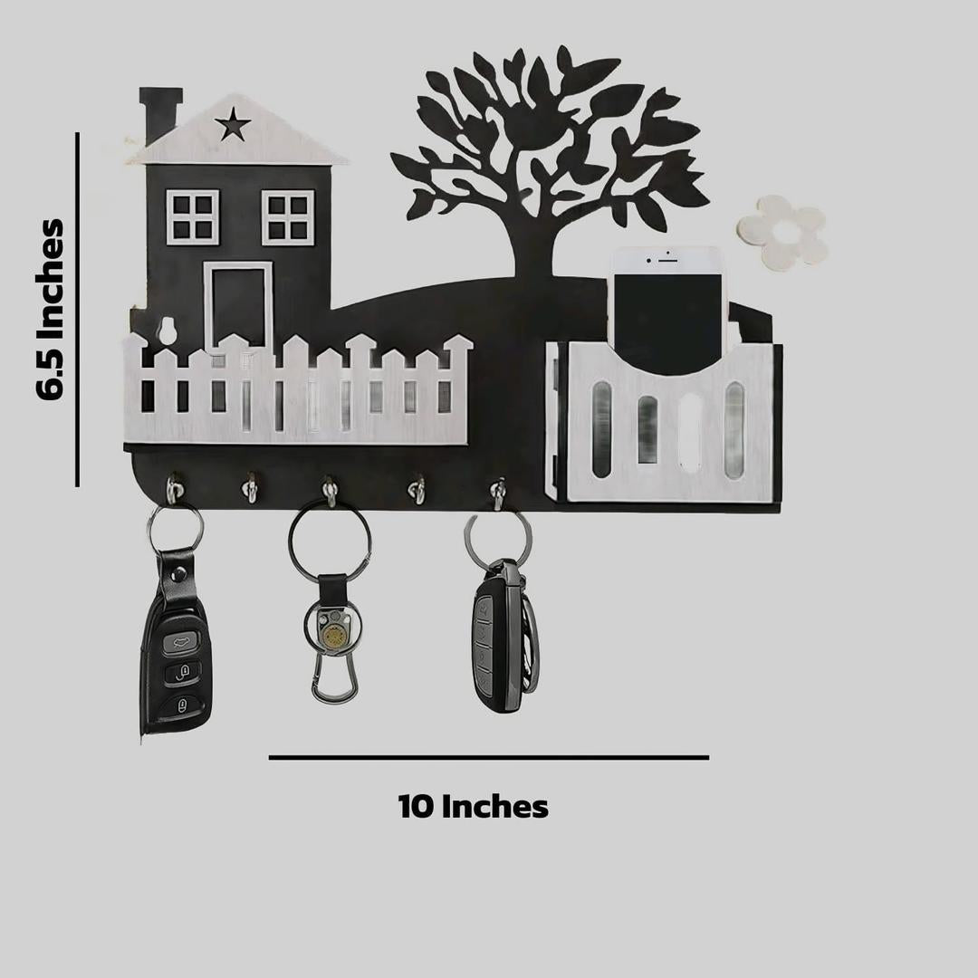 Modern Black Wooden Key Holder with Phone & Remote Stand