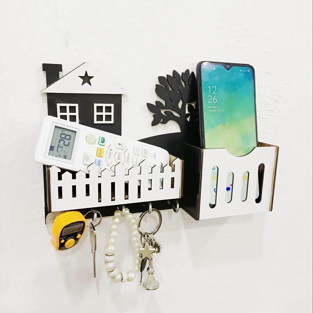 Modern Black Wooden Key Holder with Phone & Remote Stand