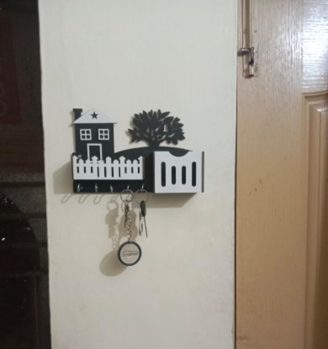 Modern Black Wooden Key Holder with Phone & Remote Stand