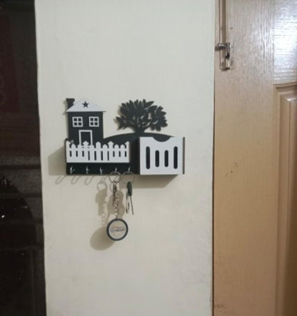 Modern Black Wooden Key Holder with Phone & Remote Stand