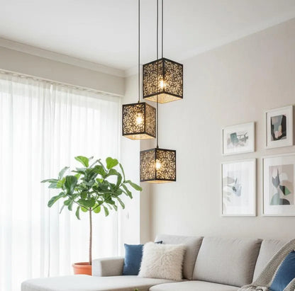Black Floral Ceiling Lamp, MDF, 6x6x6 Inch, Golden Light