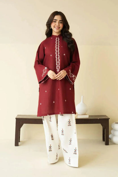 2 Pcs Women Unstitched Embroidered Lawn Suit Brown
