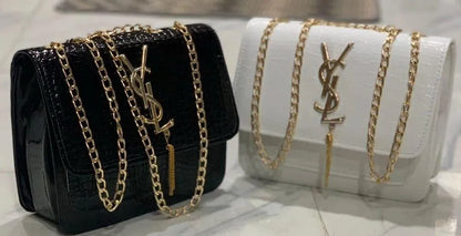 Women's Leather Handbag Black White Chain Strap Casual Bridal Elegant