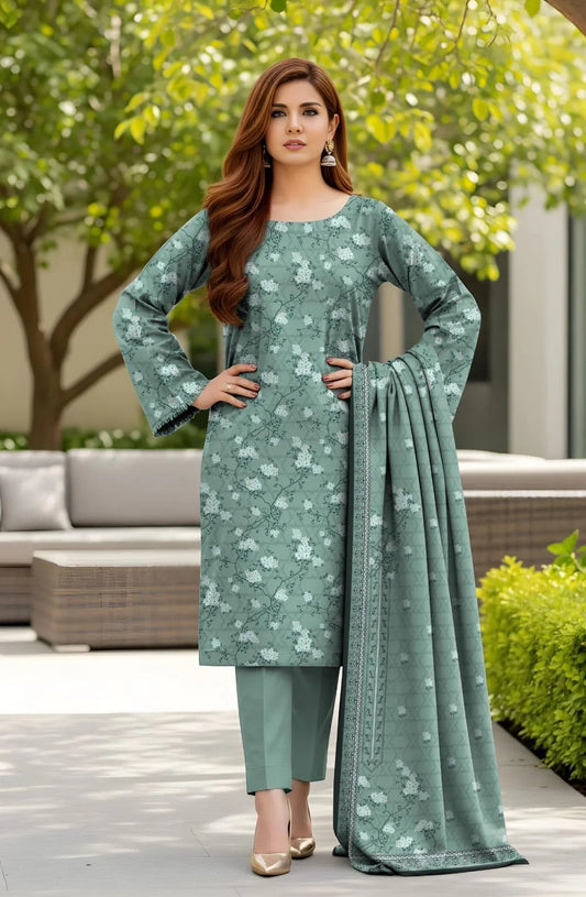 3 Pcs Women's Printed Lawn Suit Blue Eid Casual Ethnic