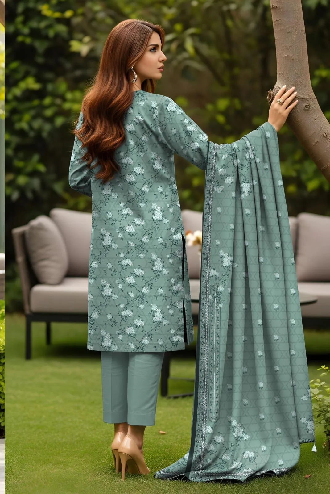 3 Pcs Women's Printed Lawn Suit Blue Eid Casual Ethnic