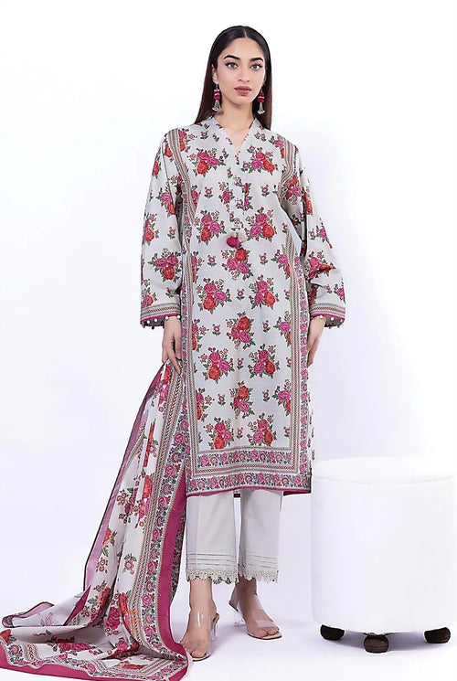 Women's 3 Pcs Printed Lawn Suit White Floral