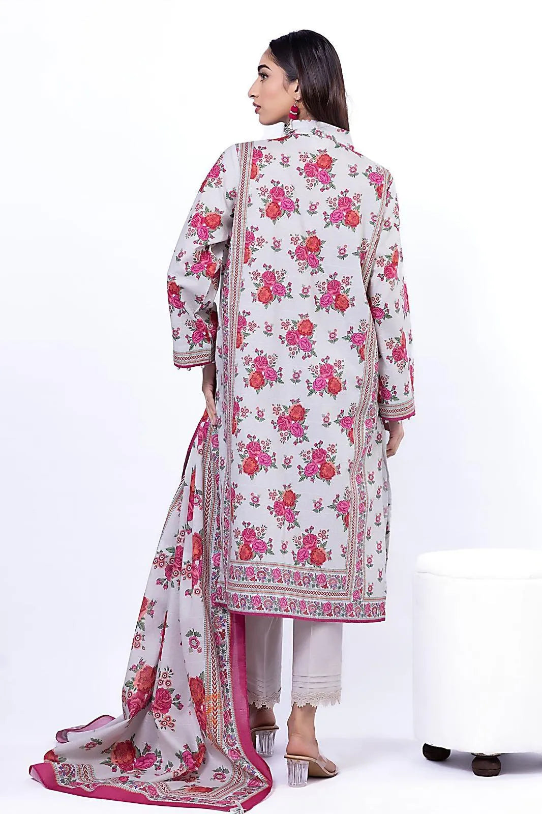Women's 3 Pcs Printed Lawn Suit White Floral