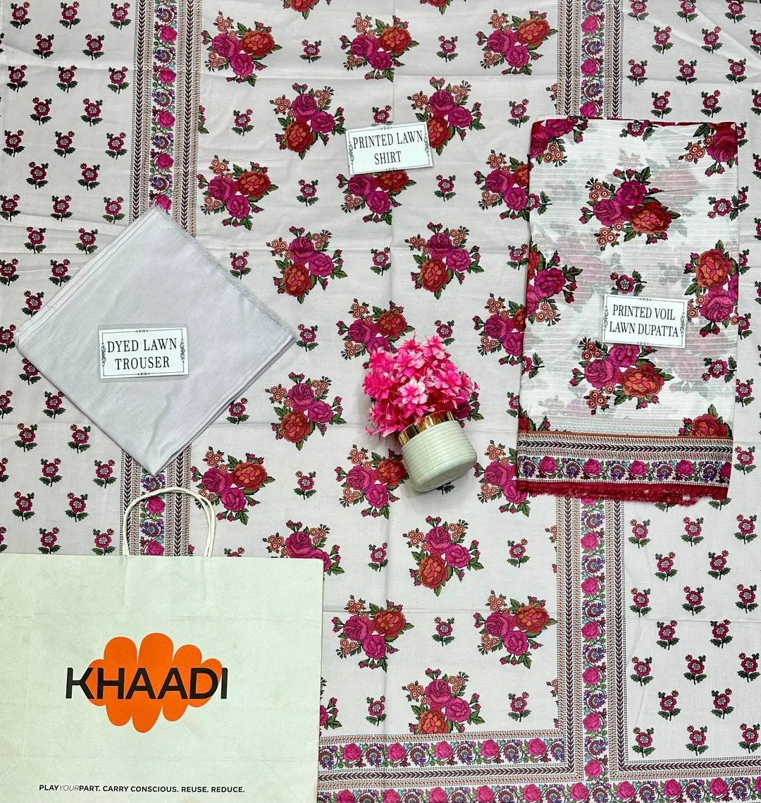 Women's 3 Pcs Printed Lawn Suit White Floral
