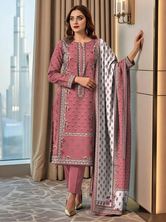 3 Pcs Women's Printed Dobby Lawn Suit Pink