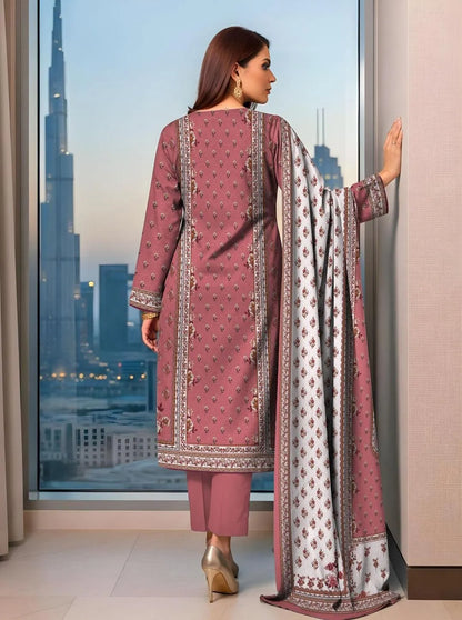 3 Pcs Women's Printed Dobby Lawn Suit Pink