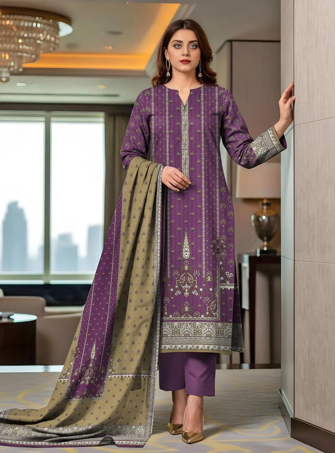 Purple Printed 3 Pcs Women's Dobby Lawn Suit