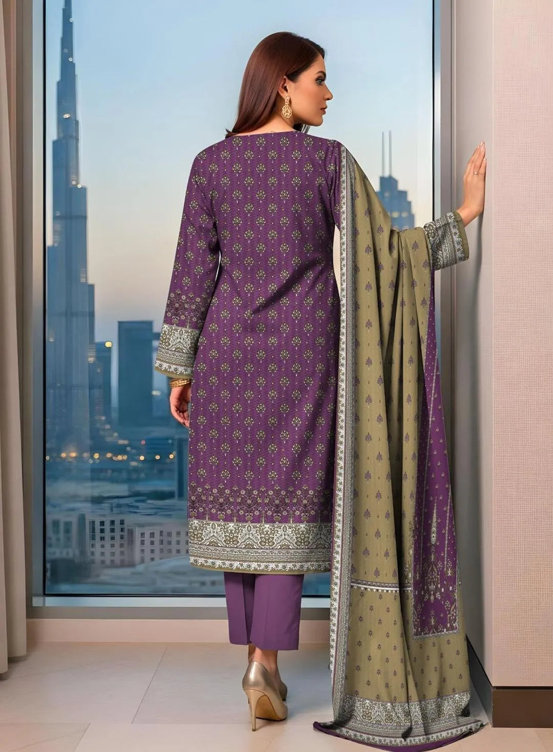 Purple Printed 3 Pcs Women's Dobby Lawn Suit