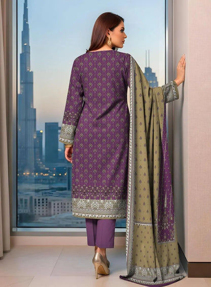 Purple Printed 3 Pcs Women's Dobby Lawn Suit