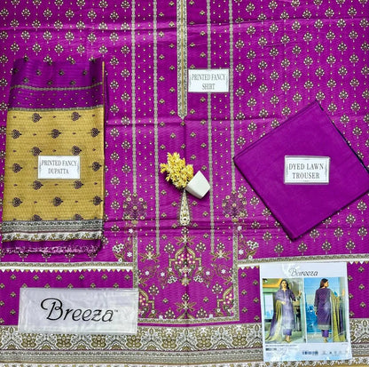 Purple Printed 3 Pcs Women's Dobby Lawn Suit