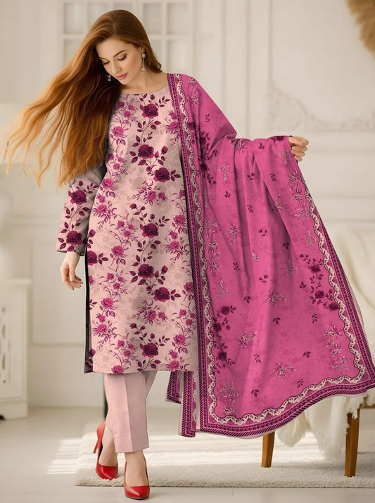 3 Pcs Women Printed Pink Suit Dobby Lawn Set