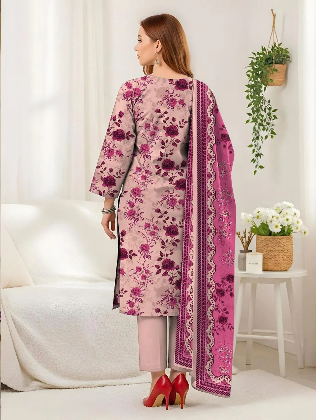 3 Pcs Women Printed Pink Suit Dobby Lawn Set