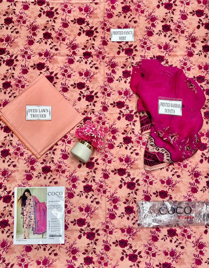 3 Pcs Women Printed Pink Suit Dobby Lawn Set