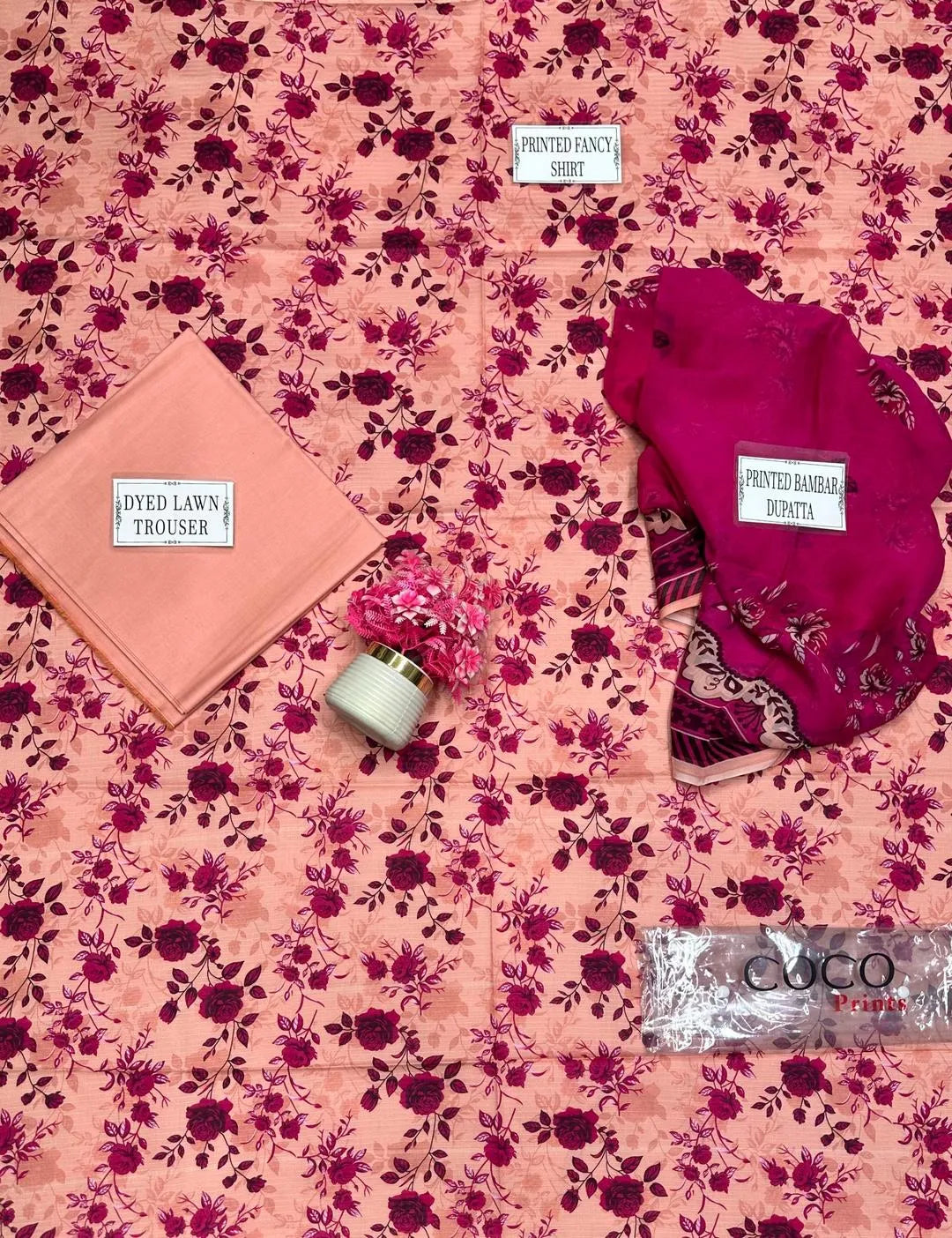 3 Pcs Women Printed Pink Suit Dobby Lawn Set