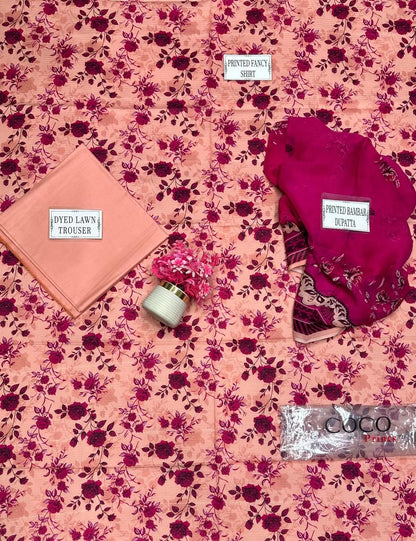 3 Pcs Women Printed Pink Suit Dobby Lawn Set