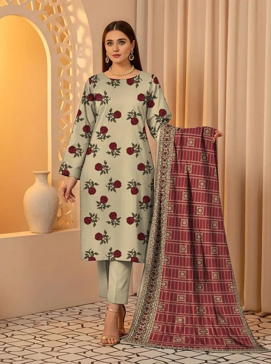 3 Pcs Women's Printed Lawn Suit Off White with Dupatta