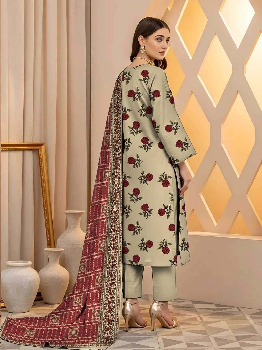 3 Pcs Women's Printed Lawn Suit Off White with Dupatta