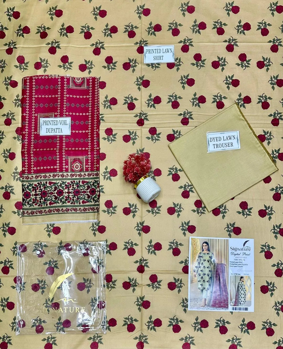 3 Pcs Women's Printed Lawn Suit Off White with Dupatta