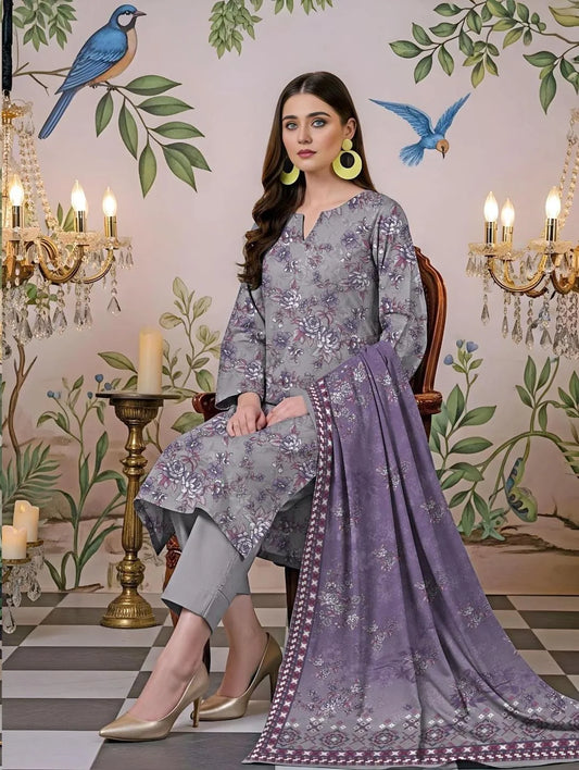 3 Pcs Women Grey Printed Lawn Suit with Dupatta