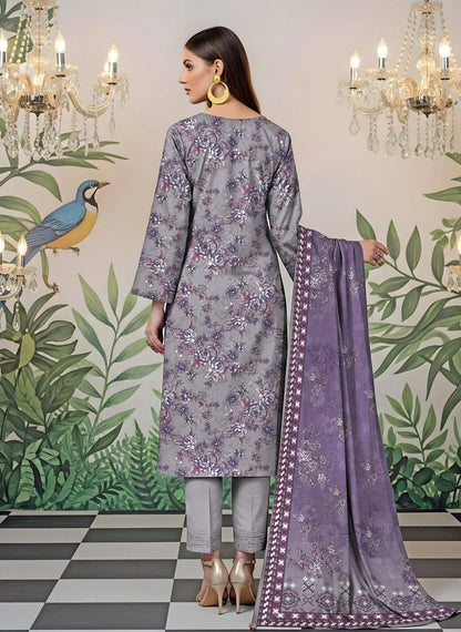 3 Pcs Women Grey Printed Lawn Suit with Dupatta