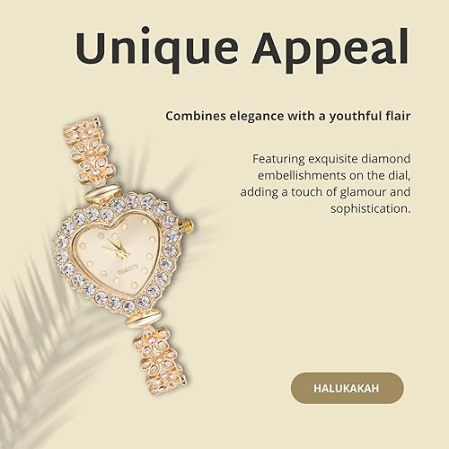 Halukakah Kids' Sparkling Diamond Watch - 18k Real Gold/Rose Gold/Platinum Plated - Heart Dial - Quartz Adjustable Stainless Steel Wristwatch - Suitable for Girls and Boys
