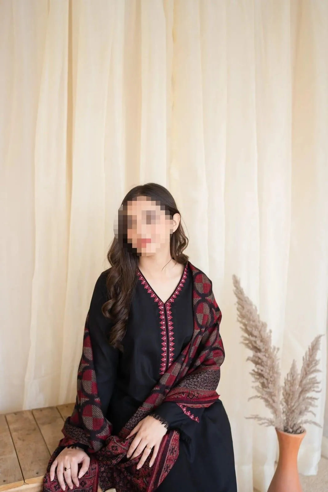 Black Embroidered 3 Pcs Women Suit with Pashmina Dupatta