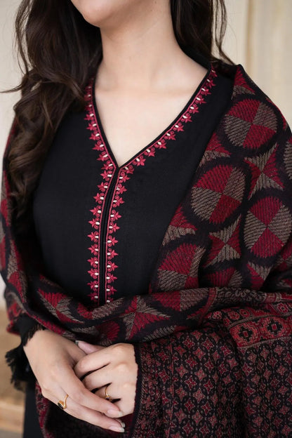 Black Embroidered 3 Pcs Women Suit with Pashmina Dupatta