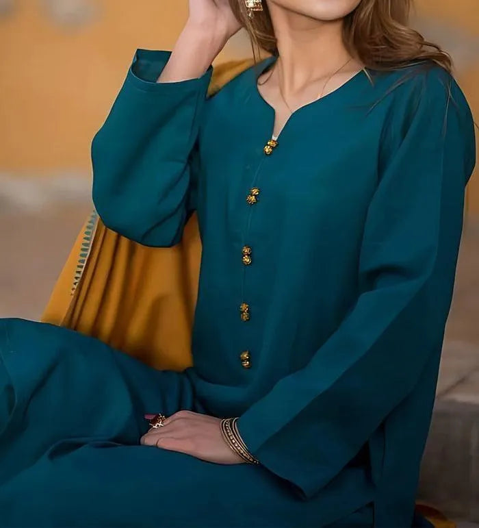 Women's Blue Dhanak Embroidered 3-Piece Suit with Pashmina Dupatta