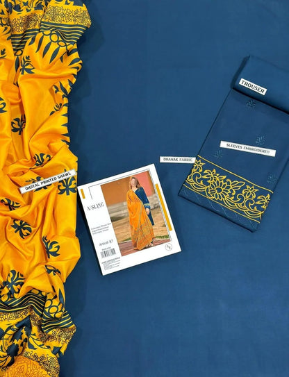 Women's Blue Dhanak Embroidered 3-Piece Suit with Pashmina Dupatta