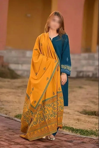 Women's Blue Dhanak Embroidered 3-Piece Suit with Pashmina Dupatta