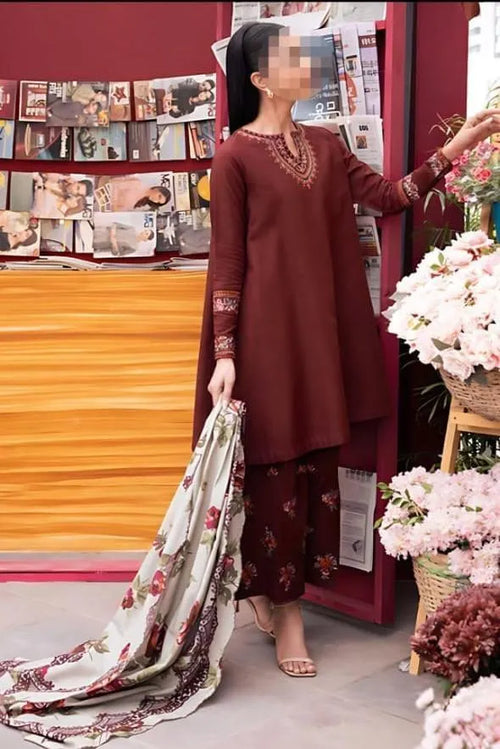 Maroon Embroidered 3 Pcs Women Suit with Pashmina Dupatta