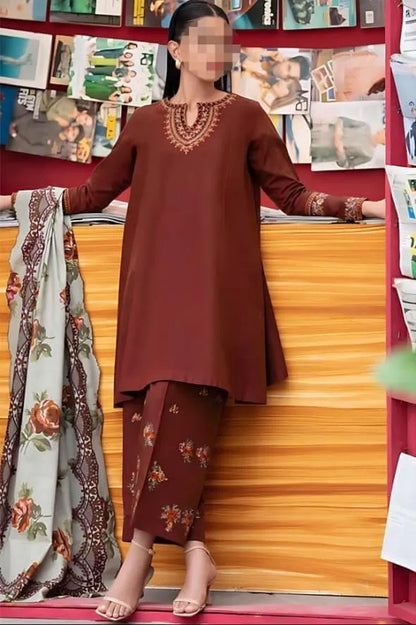 Maroon Embroidered 3 Pcs Women Suit with Pashmina Dupatta
