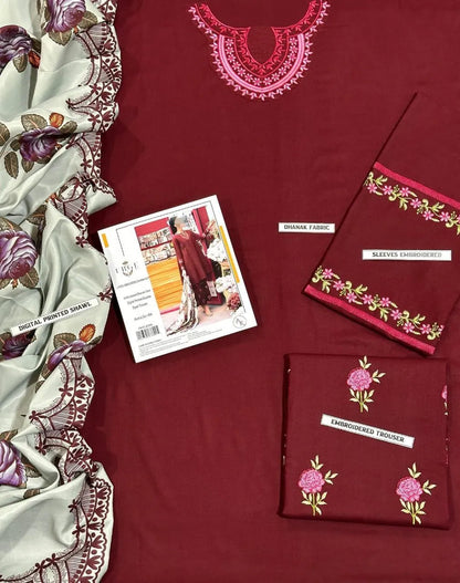 Maroon Embroidered 3 Pcs Women Suit with Pashmina Dupatta