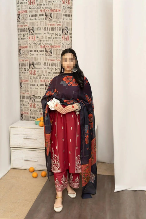 Maroon Embroidered 3 Pcs Women Suit with Pashmina Dupatta