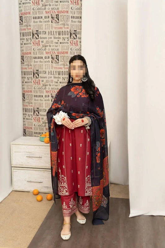 Maroon Embroidered 3 Pcs Women Suit with Pashmina Dupatta