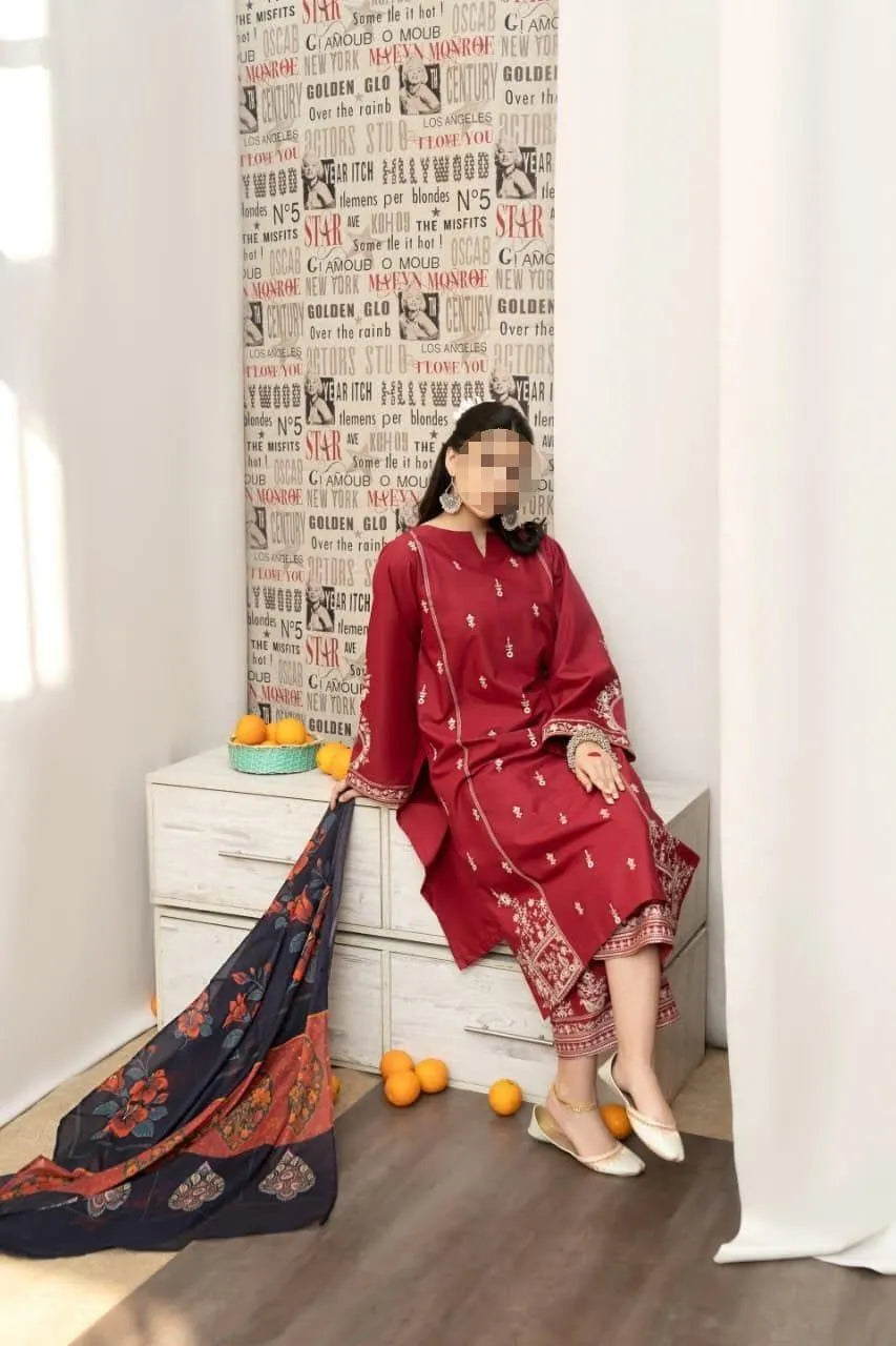 Maroon Embroidered 3 Pcs Women Suit with Pashmina Dupatta