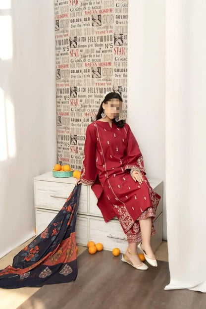 Maroon Embroidered 3 Pcs Women Suit with Pashmina Dupatta