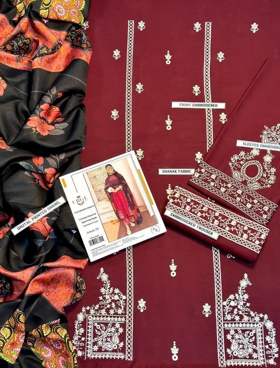 Maroon Embroidered 3 Pcs Women Suit with Pashmina Dupatta