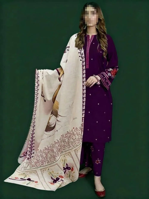 Purple Embroidered 3-Piece Women's Suit with Pashmina Dupatta