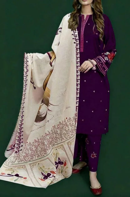 Purple Embroidered 3-Piece Women's Suit with Pashmina Dupatta