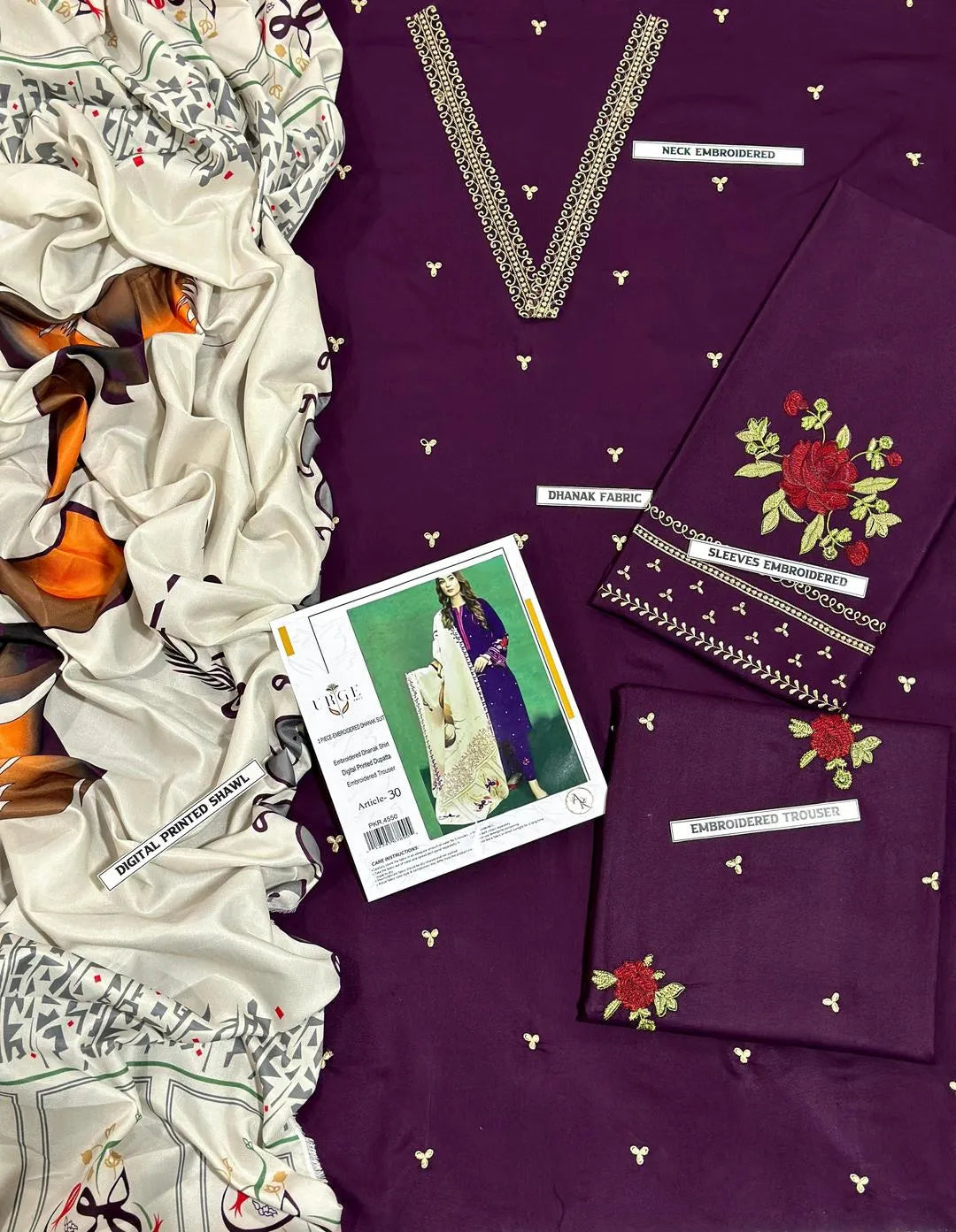 Purple Embroidered 3-Piece Women's Suit with Pashmina Dupatta