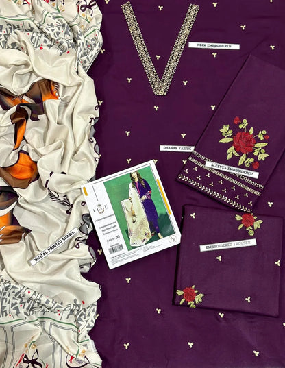Purple Embroidered 3-Piece Women's Suit with Pashmina Dupatta