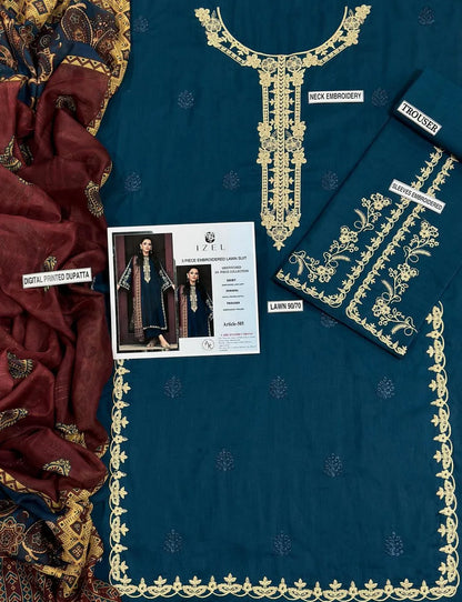 Blue Embroidered Women's Lawn Suit 3 Pcs Eid Party Wear