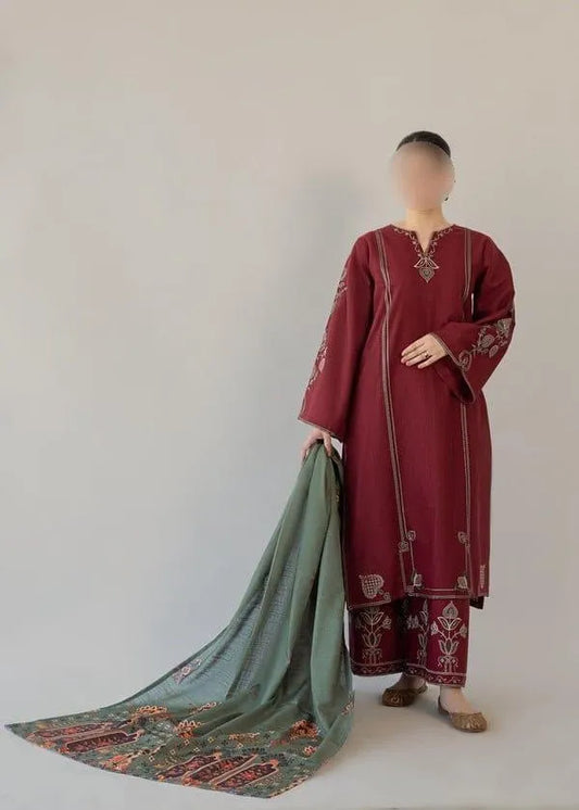 Maroon Embroidered Women's 3Pcs Lawn Suit Set